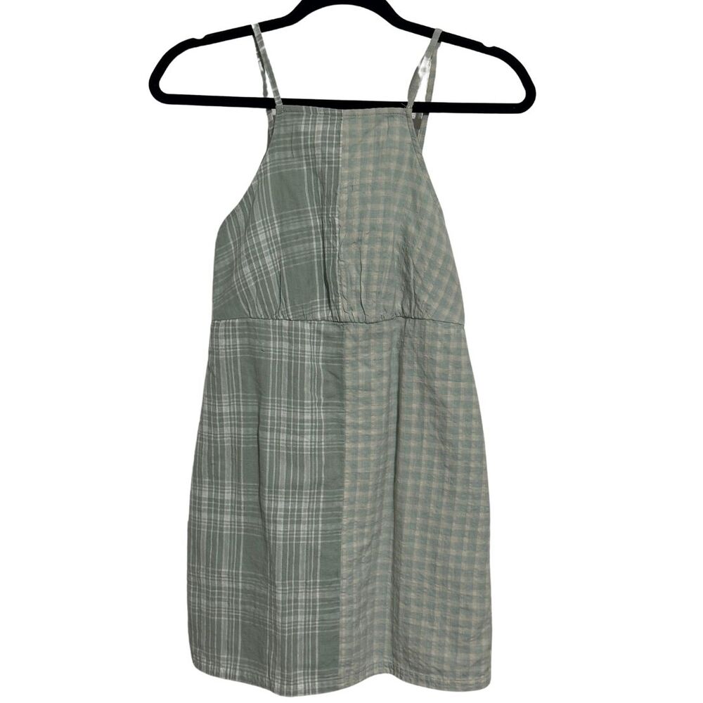 AMERICAN EAGLE Mini Dress XS Green Plaid Cotton Linen High Neck NWT